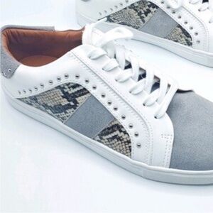 Steve Madden White leather and Gray suede sneakers, with snake skin detail
